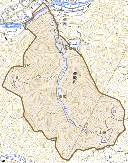 僧殿町とその周辺の地図。町の範囲を重ねている