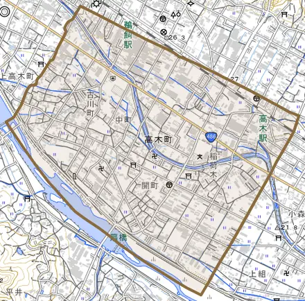 高木町とその周辺の地図。町の範囲を重ねている