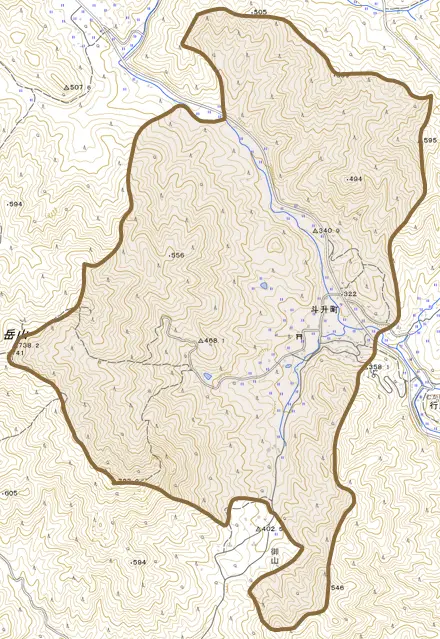 斗升町とその周辺の地図。町の範囲を重ねている