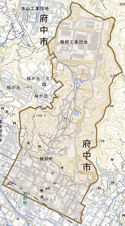 鵜飼町とその周辺の地図。町の範囲を重ねている