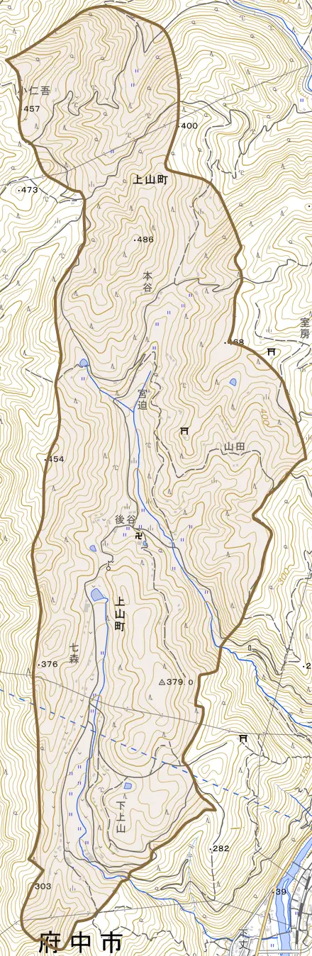 上山町とその周辺の地図。町の範囲を重ねている