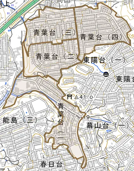 青葉台とその周辺の地図。町の範囲を重ねている
