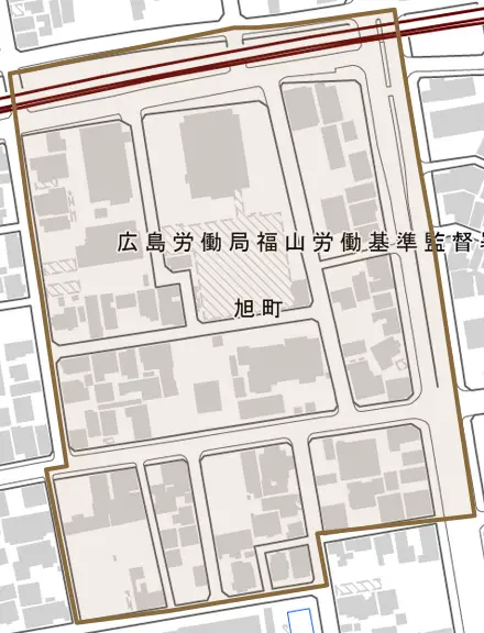 旭町とその周辺の地図。町の範囲を重ねている