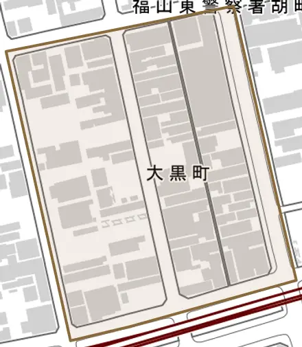 大黒町とその周辺の地図。町の範囲を重ねている