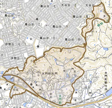 大門町大門とその周辺の地図。町の範囲を重ねている