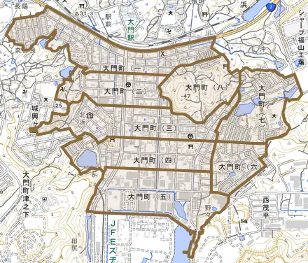 大門町とその周辺の地図。町の範囲を重ねている