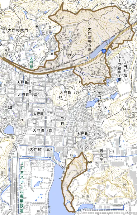 大門町野々浜とその周辺の地図。町の範囲を重ねている
