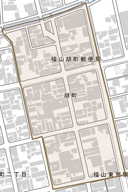 胡町とその周辺の地図。町の範囲を重ねている