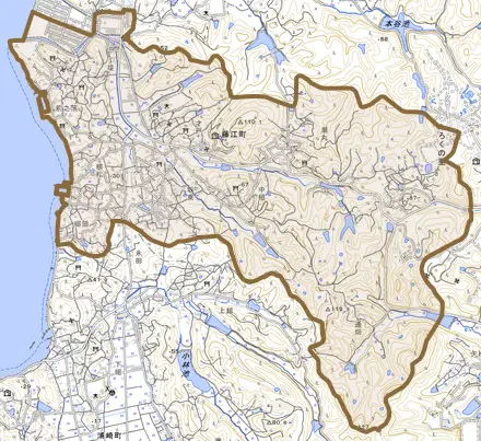 藤江町とその周辺の地図。町の範囲を重ねている