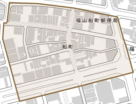 船町とその周辺の地図。町の範囲を重ねている