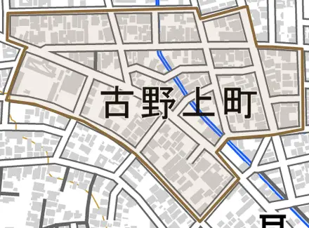 古野上町とその周辺の地図。町の範囲を重ねている