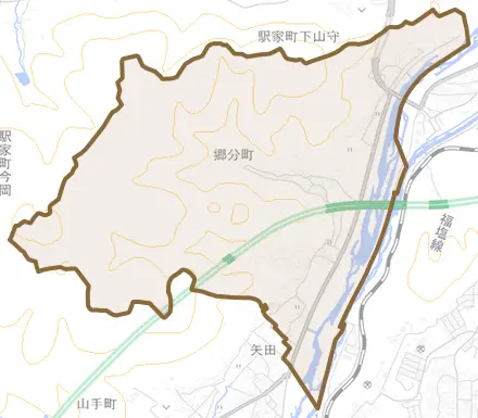 郷分町とその周辺の地図。町の範囲を重ねている