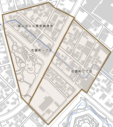 花園町とその周辺の地図。町の範囲を重ねている