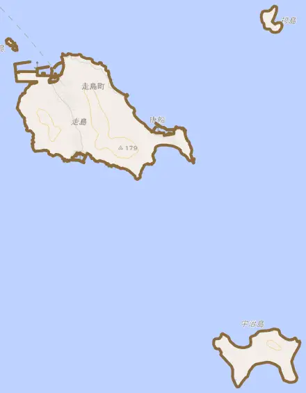 走島町とその周辺の地図。町の範囲を重ねている