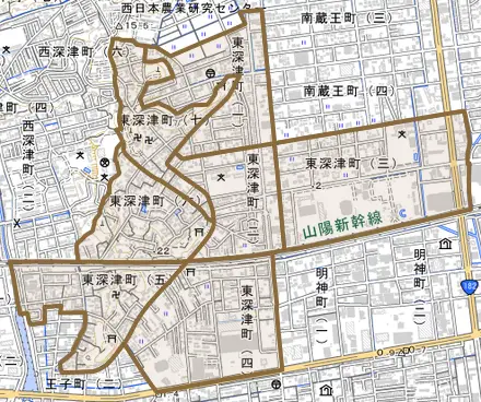 東深津町とその周辺の地図。町の範囲を重ねている