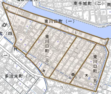 東川口町とその周辺の地図。町の範囲を重ねている