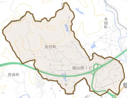 東村町とその周辺の地図。町の範囲を重ねている
