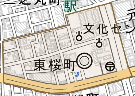 東桜町とその周辺の地図。町の範囲を重ねている