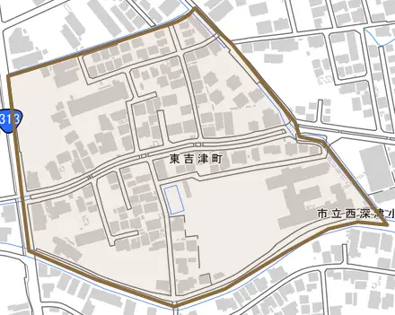 東吉津町とその周辺の地図。町の範囲を重ねている