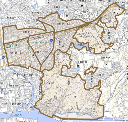 引野町とその周辺の地図。町の範囲を重ねている