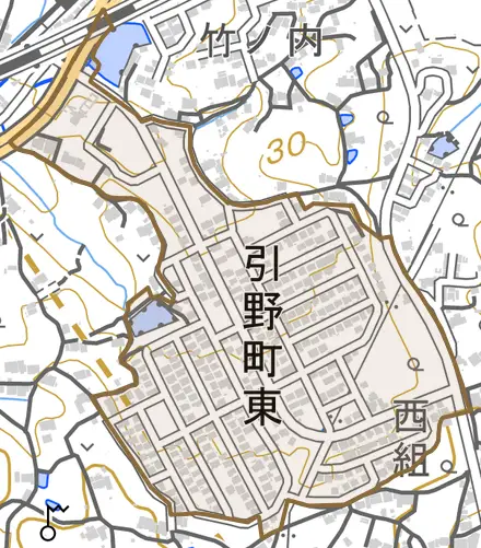 引野町東とその周辺の地図。町の範囲を重ねている