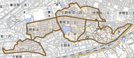 引野町北とその周辺の地図。町の範囲を重ねている