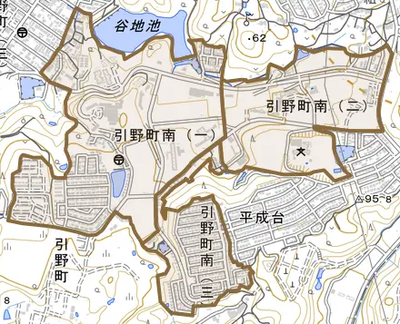 引野町南とその周辺の地図。町の範囲を重ねている