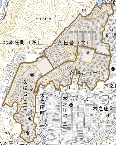 久松台とその周辺の地図。町の範囲を重ねている