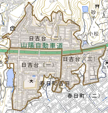 日吉台とその周辺の地図。町の範囲を重ねている