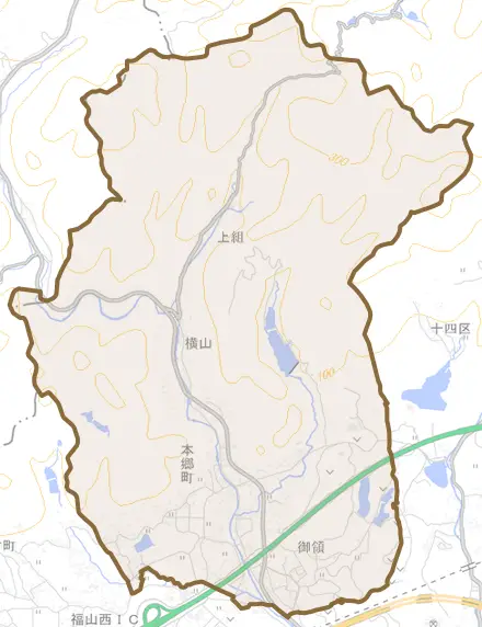 本郷町とその周辺の地図。町の範囲を重ねている