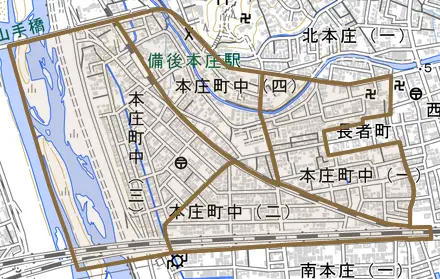 本庄町中とその周辺の地図。町の範囲を重ねている