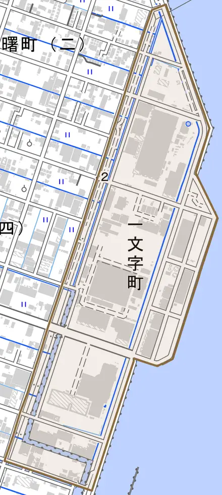 一文字町とその周辺の地図。町の範囲を重ねている