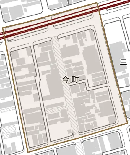 今町とその周辺の地図。町の範囲を重ねている