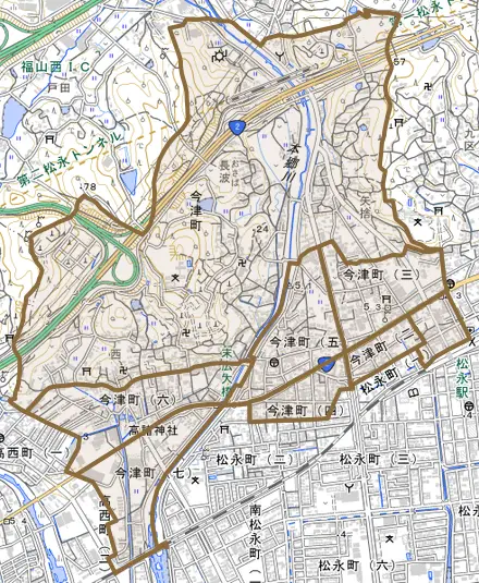今津町とその周辺の地図。町の範囲を重ねている
