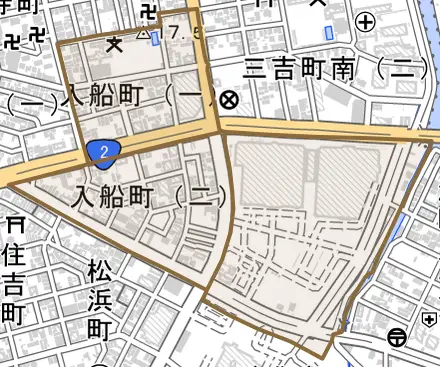入船町とその周辺の地図。町の範囲を重ねている