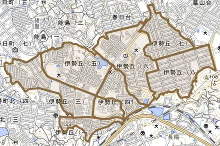 伊勢丘とその周辺の地図。町の範囲を重ねている