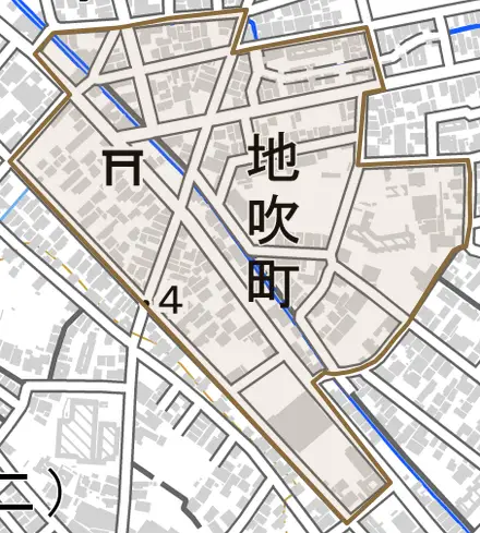 地吹町とその周辺の地図。町の範囲を重ねている