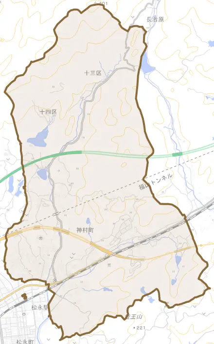 神村町とその周辺の地図。町の範囲を重ねている