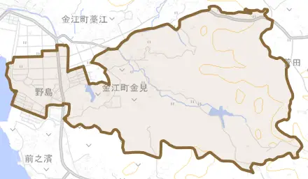 金江町金見とその周辺の地図。町の範囲を重ねている