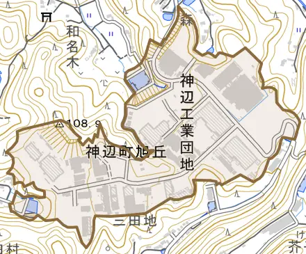神辺町旭丘とその周辺の地図。町の範囲を重ねている