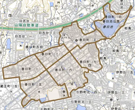 春日町とその周辺の地図。町の範囲を重ねている