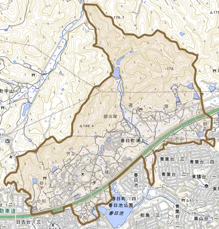 春日町浦上とその周辺の地図。町の範囲を重ねている