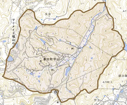春日町宇山とその周辺の地図。町の範囲を重ねている