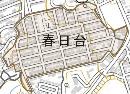 春日台とその周辺の地図。町の範囲を重ねている