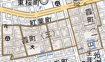 霞町とその周辺の地図。町の範囲を重ねている