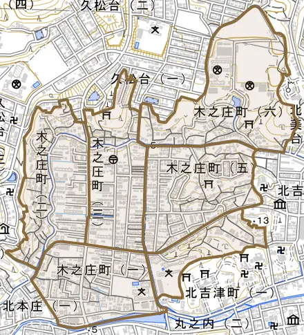 木之庄町とその周辺の地図。町の範囲を重ねている