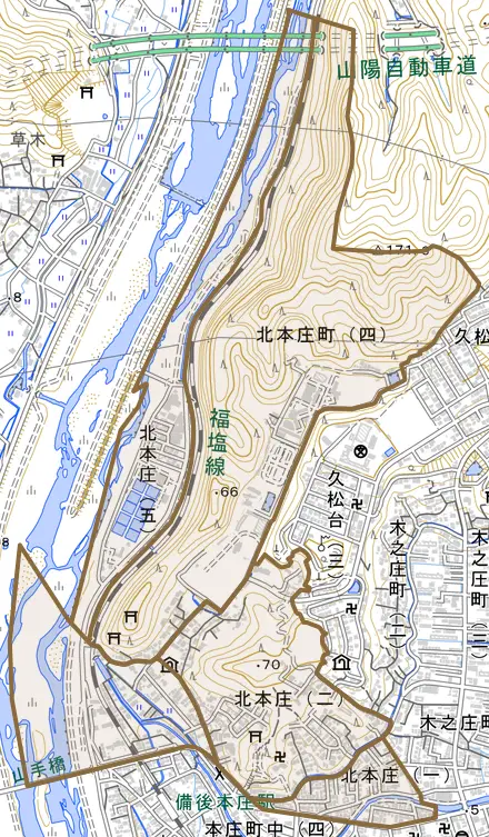 北本庄とその周辺の地図。町の範囲を重ねている