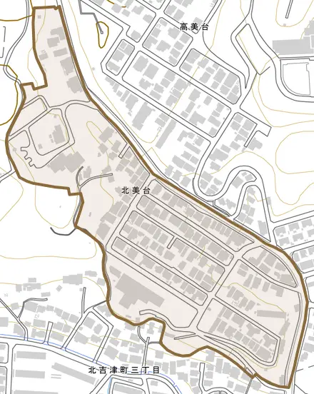 北美台とその周辺の地図。町の範囲を重ねている