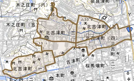 北吉津町とその周辺の地図。町の範囲を重ねている