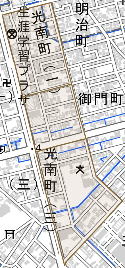 光南町とその周辺の地図。町の範囲を重ねている
